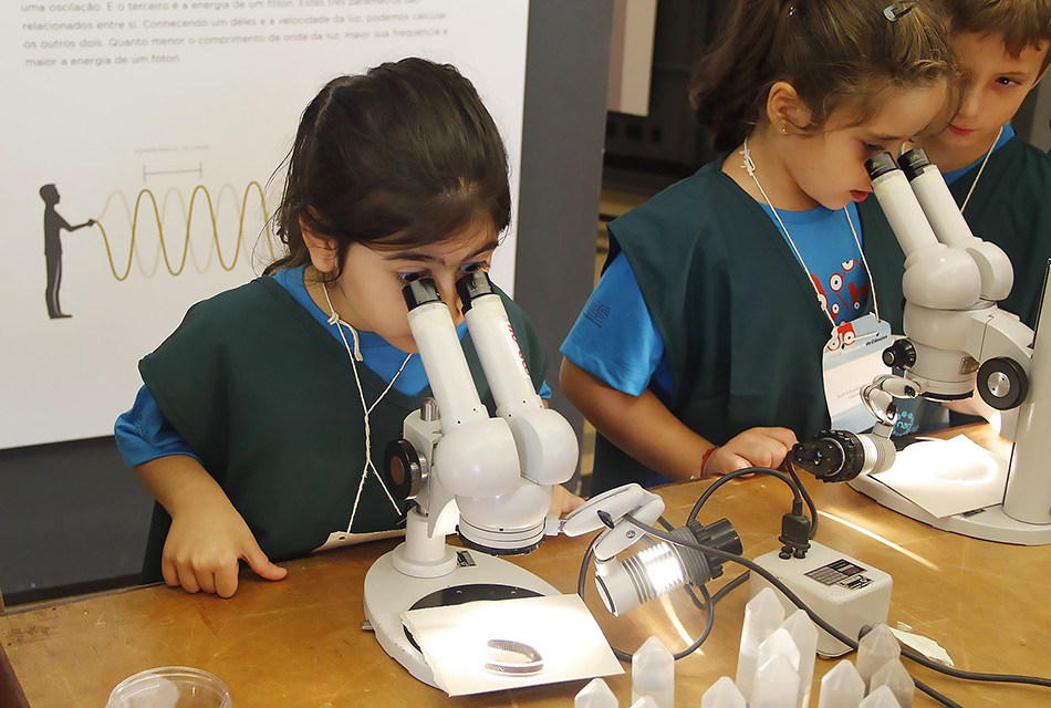 Participantes do Férias no Museu observam microscópio durante oficina