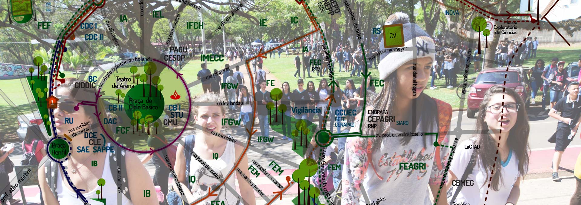 O mapa do campus e participantes da UPA 2016. Arte: Luís Paulo Silva Audiodescrição: Em fotomontagem com duas imagens, ilustração de mapa da Unicamp com indicação dos nomes de ruas, praças e faculdades da Universidade sobreposta a foto com imagem panorâmica, frontal, de vários jovens caminhando em uma praça gramada e arborizada, ao fundo, em segundo plano, sendo que à frente, nessa foto, alguns jovens aparecem mais próximos na imagem, como se subissem uma escada. Imagem 1 de 1.
