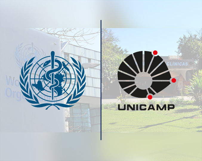 audiodescrição: montagem com os logos da OMS e da Unicamp, com fundo de fotografias de ambas as instituições