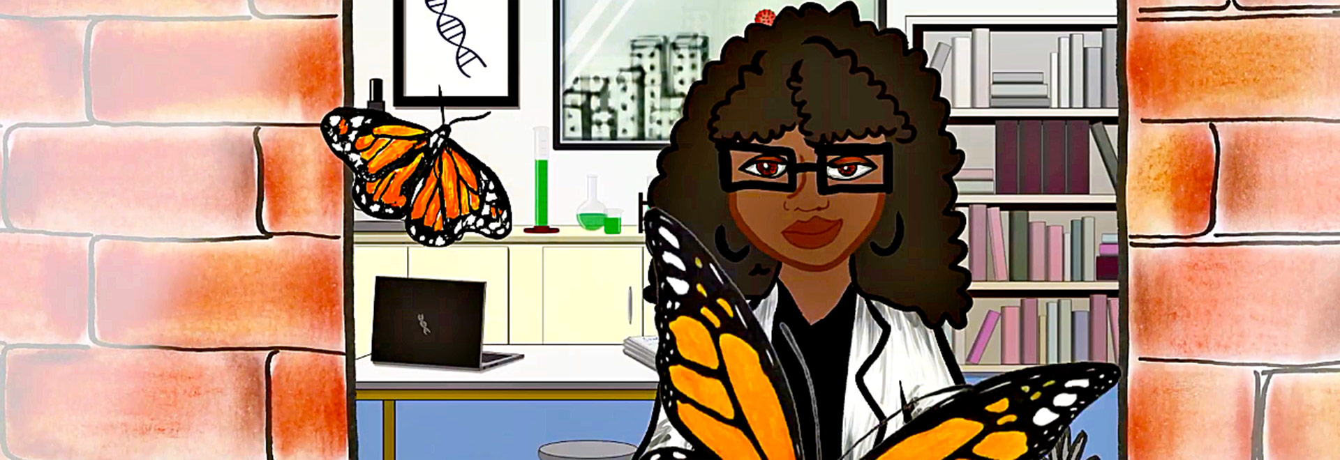ilustração mostra um dos desenhos utilizados na animação. ele mostra uma cientista negra, com cabelos cacheados e óculos, em um laboratório