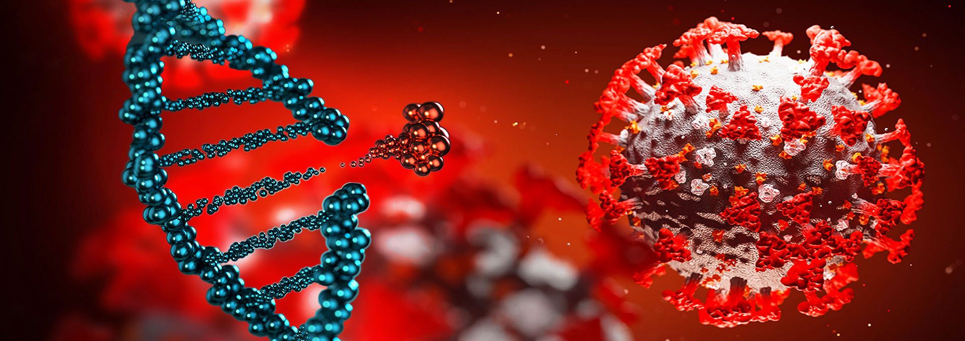 audiodescrição: ilustração do vírus Sars-Cov-2, o novo coronavírus, e de uma tira de material genético