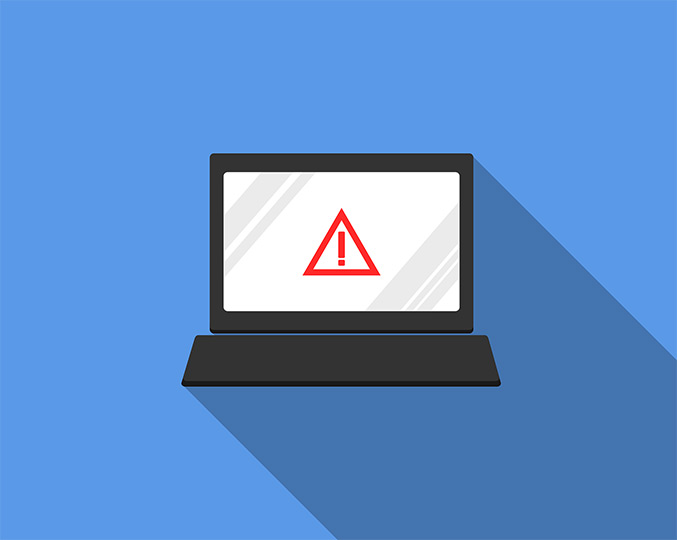 imagem mostra ilustração de um laptop com um simbolo de perigo na tela
