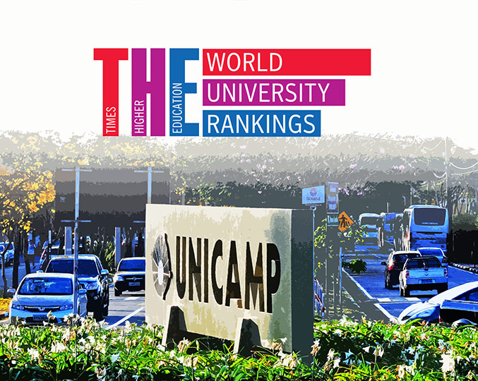 imagem mostra logomarca da times higher education e a placa de entrada no campus da unicamp