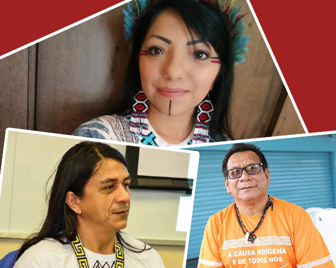 audiodescrição: montagem com três fotografias coloridas dos pesquisadores indígenas aline kayapó, edson kayapó e gersom baniwa
