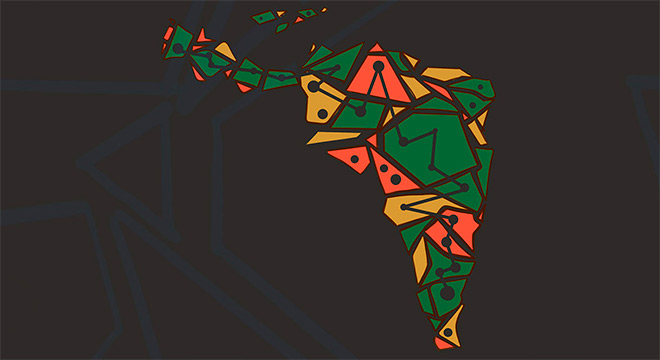 Audiodescrição. Ilustração. Imagem de mapa estilizado, com as américas do Sul e Central, formado por figuras geométricas como triângulos e trapézios, nas cores verde, amarelo e laranja, compondo um tipo de mosaico. Há pequenos círculos pretos posicionados nas figuras coloridas, alguns deles interligados por linhas pretas. O fundo da imagem é preto. Imagem 1 de 1
