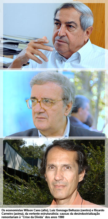 Os economistas Wilson Cano (alto), Luiz Gonzaga Belluzzo (centro) e Ricardo Carneiro (acima), da vertente estruturalista: causas da desindustrialização remontariam à “Crise da Dívida” dos anos 1980