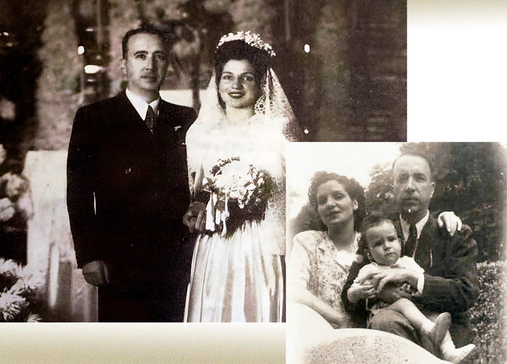 Casamento com Décia Milano de Barros, 1942 (alto); Com a família na década de 1940 (abaixo)
