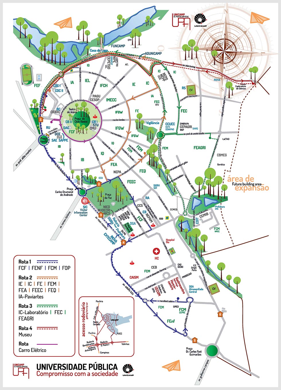 Mapa de acessos e rotas internas da Unicamp na UPA