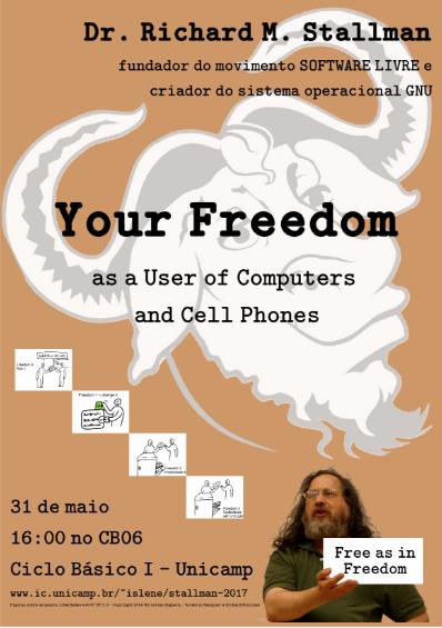 Cartaz sobre a vinda de Stallman à Unicamp