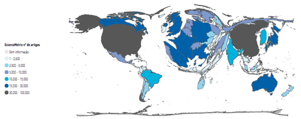 Mapa mundi distorcido pela desigualdade na produção científica sobre oceano. Unesco 2017