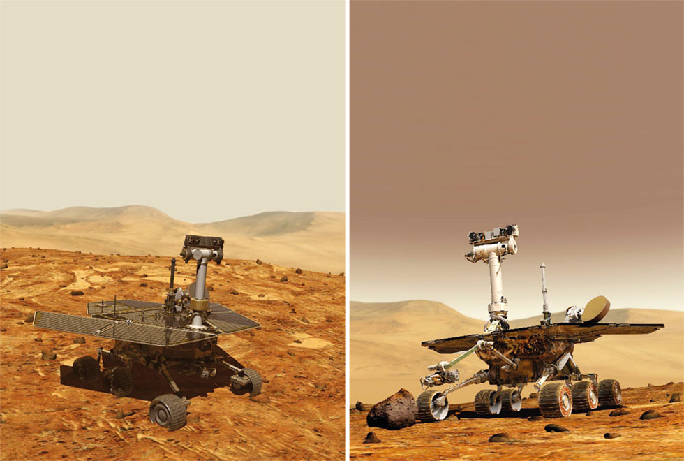 Representações artísticas dos jipes-robôs Spirit e Opportunity (NASA/JPL)