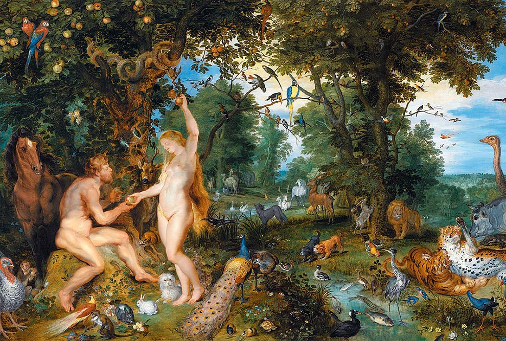 Pintura que mostra um ambiente aberto com um homem e uma mulher convivendo de forma harmônica com animais selvagens.