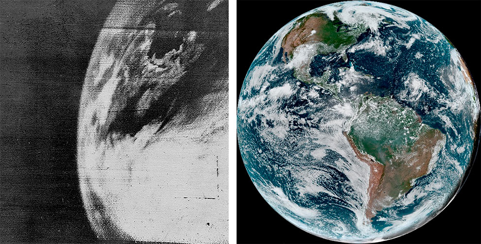 Composição com duas imagens de satélite que mostram o planeta Terra