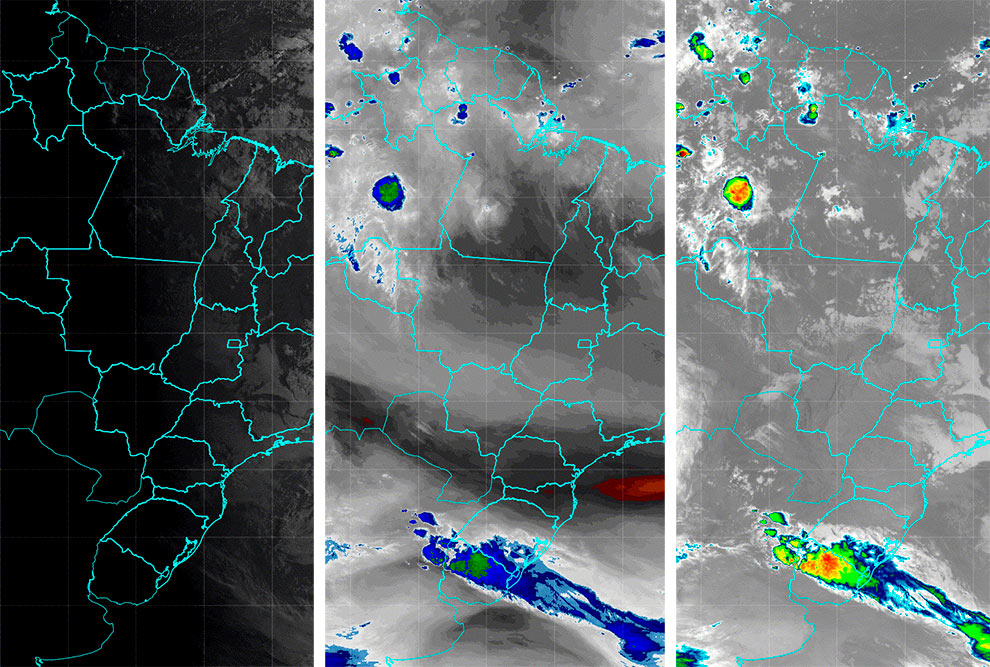 Composição com três imagens de satélite que mostram nuvens e um mapa do Brasil.