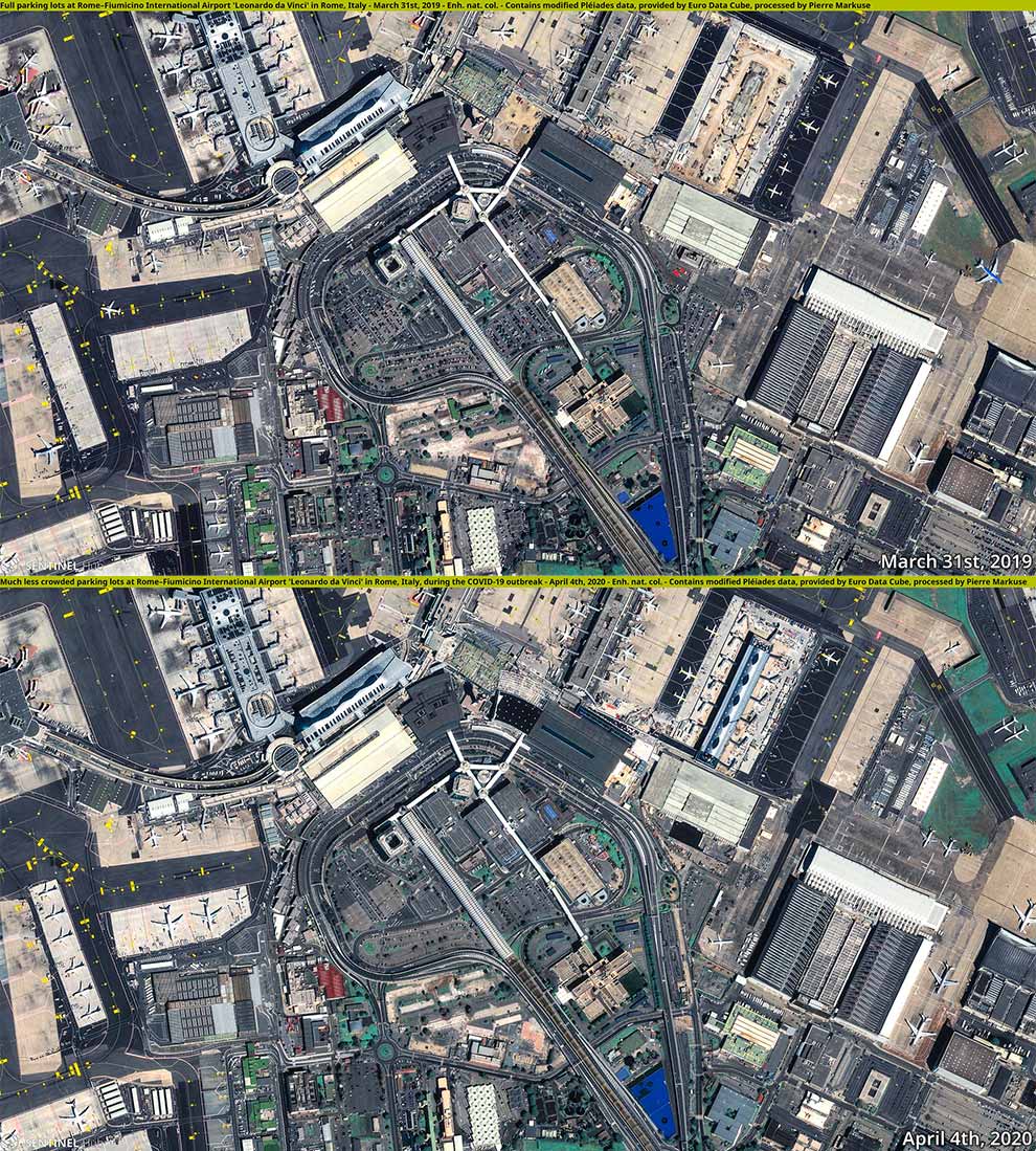 duas fotos mostram a diferença de movimento no aeroporto de Roma. Em uma, é possível ver carros estacionados no estacionamento, indicando movimentação de voos. Na segunda, o estacionamento está vazio