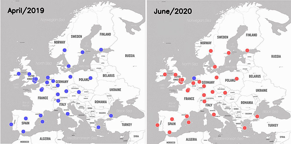 dois mapas mostram os aeroportos europeus monitorados pela pesquisa. no primeiro, todos estão abertos. no segundo, apenas um permanece aberto