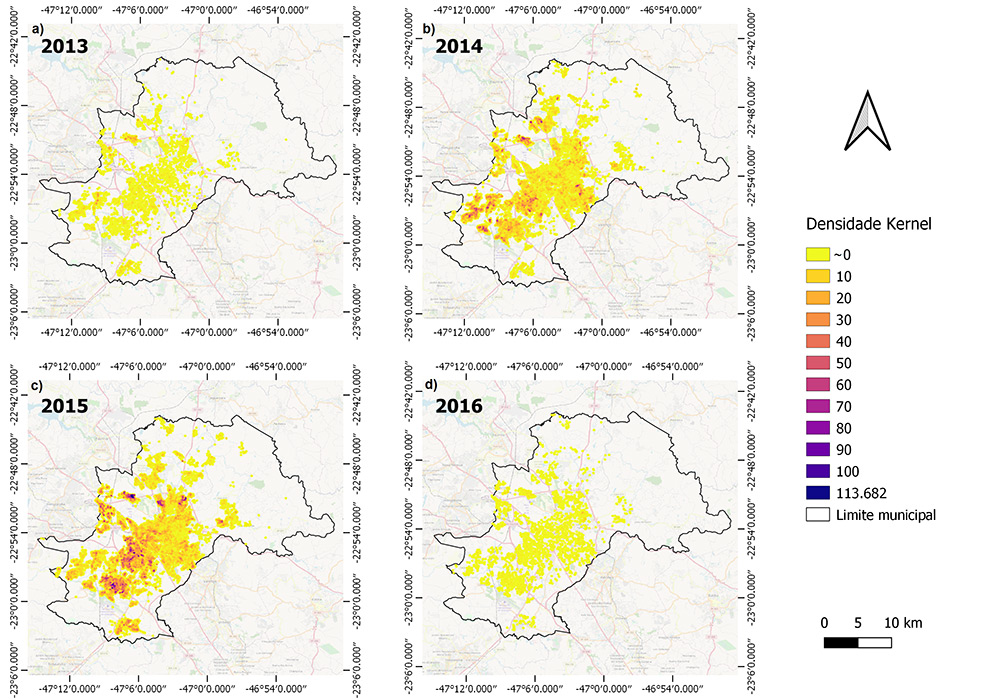 Mapas de densidade espacial Kernel dos aglomerados de casos de dengue no período analisado, elaborados com base nos dados do Departamento de Vigilância Epidemiológica de Campinas-SP