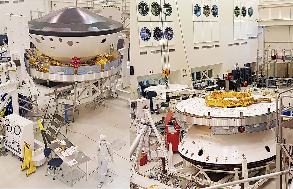 Estágio atual da integração do módulo da Missão Mars 2020 no Laboratório de Montagem de Espaçonaves. O corpo principal abrigará em seu interior o jipe robô. A foto da esquerda é do dia 18/04/2019 e mostra o módulo em posição invertida, com o escudo que o protege contra o calor na entrada na atmosfera de Marte (disco metálico) voltado para cima. A da direita, do dia seguinte, mostra o módulo na posição em que pousará em Marte.
