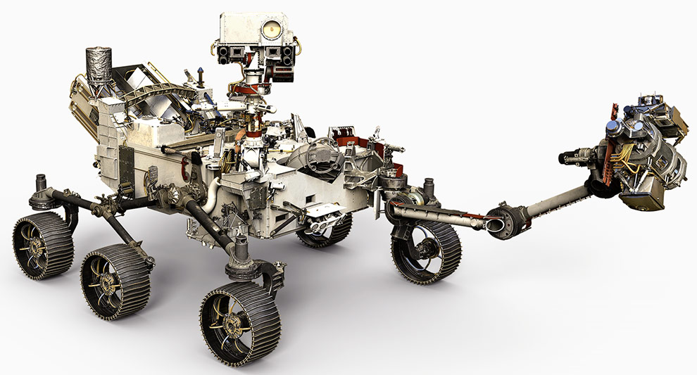 Visão artística do jipe robô da Mars 2020 com seu braço robótico, câmeras e demais instrumentos analíticos.