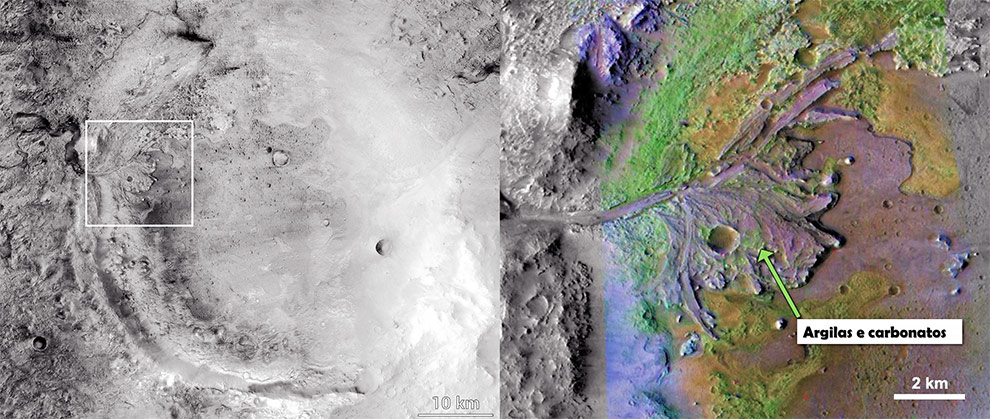 À esquerda, a Cratera Jezera (diâmetro de 45 km) registrada pelo sensor CTX da Mars Reconnaissance Orbiter (MRO), com o retângulo branco indicando a posição da imagem seguinte. À direita, o interior da Cratera Jezero contendo um delta fluvial onde, por sensoriamento remoto, foram encontradas evidência de minerais formados na presença de água, incluindo argilas e carbonatos. Sobre o delta foi formada posteriormente uma pequena cratera meteorítica, visível no centro da imagem formada pela combinação de dados de dois sensores da MRO.