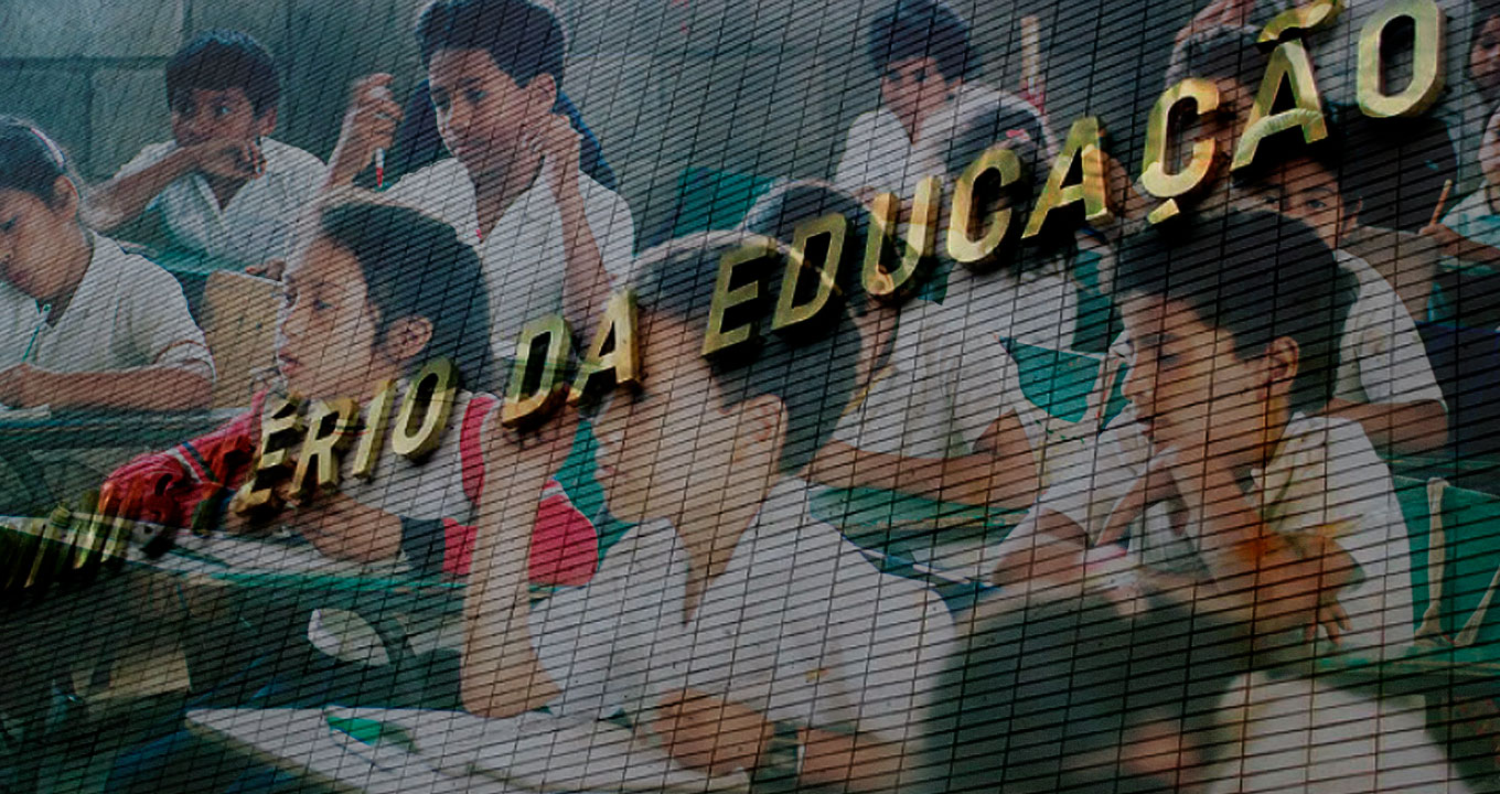 Alunos em sala de aula e fachada do Ministério da educação