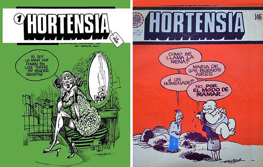 As edições de números 1 (agosto de 1971) e 146 (maio de 1981) da revista Hortensia | Imagens: Reprodução