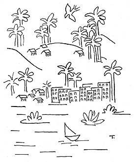 Tarsila retrata paisagem com árvores, casas, edifícios e rio, em desenho a nanquim – Fundo Paulo Duarte – Centro de Documentação Cultural “Alexandre Eulalio” (CEDAE)