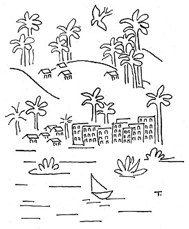 Tarsila retrata paisagem com árvores, casas, edifícios e rio, em desenho a nanquim Fundo Paulo Duarte Centro de Documentação Cultural “Alexandre Eulalio” (CEDAE)