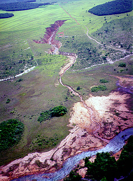 Vista aérea da Fazenda Chitolina, em Mineiros (GO), onde foram coletadas muitas amostras de á e solo para a pesquisa; no alto da foto, uma voçoroca (grande erosão), que é outro problema na região; na parte inferior, curso d'água do rio Araguaia em área de recarga do Aquífero Guarani (Foto: Renê Georges Boulet - Embrapa Meio Ambiente/Divulgação)