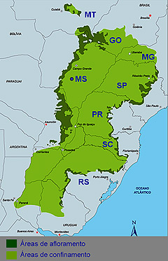 A abrangência do Sistema Aquífero Guarani, com áreas de afloramento (ou recarga) e de confinamento das águas (Foto: Reprodução)