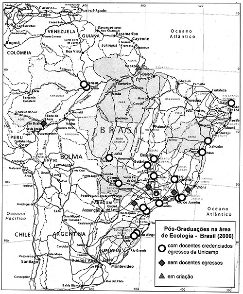 Participação do Programa de Pós-Graduação em Ecologia na Unicamp na nucleação de cursos de pós-graduação desta área.  Os círculos indicam cursos em que há docentes credenciados que obtiveram o mestrado e/ou doutorado em Ecologia na Unicamp.