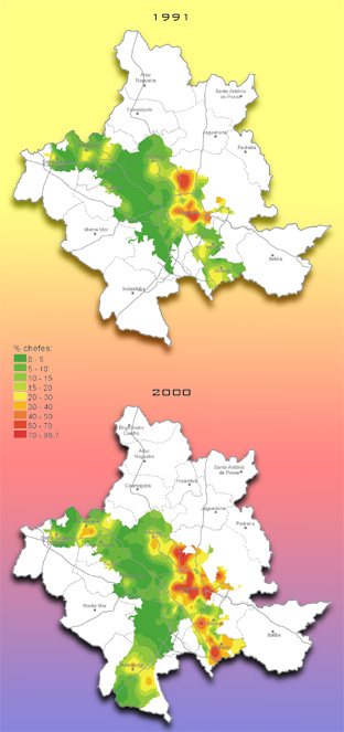 Na década de 90 amplia-se a área de concentração de chefes com renda superior a 10 sm, bastante concentrada na região centro-leste e norte de Campinas. Em 2.000, além da grande expansão em Campinas, há uma grande concentração expressiva dessa categoria de renda especialmente em Valinhos e Vinhedo, começando a delinear na TMC uma “cordilheira” da riqueza, contrapondo-se a uma “cordilheira” da pobreza, explicitado no cartograma superior. Enquanto em Campinas regiões como o Cambuí, Nova Campinas e parte de Barão Geraldo e, em Valinhos e Vinhedo, áreas como os condomínios localizados às margens da Via Anhanguera, mais de 70% dos chefes do domicílio têm renda superior a 10 sm, este percentual é inferior a 50% dos domicílios em bairros como o Jd. São Domingos, Vida Nova e Vila Vitória, em Campinas, e Jd. Santiago, Aline, Coceição e Vila Guedes, em Hortolândia.