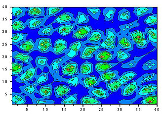 Representação mostra densidade eletrônica em uma superfície com desordem programada, em cálculo realizado por Rodrigo André Caetano durante seu doutorado no IFGW 