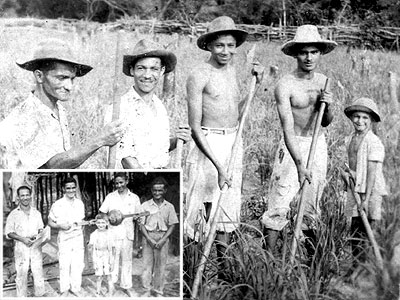 Acima, Benito aos 9 anos, com o tio Eduardo (primeiro à esq.) e amigos limpando o arrozal; abaixo, com o mesmo grupo (Eduardo é o último à direita), numa pausa para a música (Fotos: Acervo pessoal)
