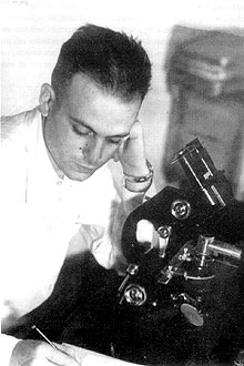 1946 - Trabalhando ao microscópio, em Bristol, Inglaterra