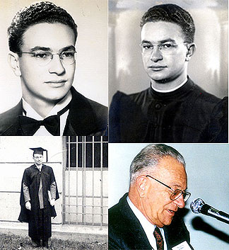 N a seqüência, Paulo Bobbio na formatura do ginásio (1942), graduado na USP (1947), no mestrado nos EUA (1952) e em congresso (1996) (Foto: Acervo familiar)