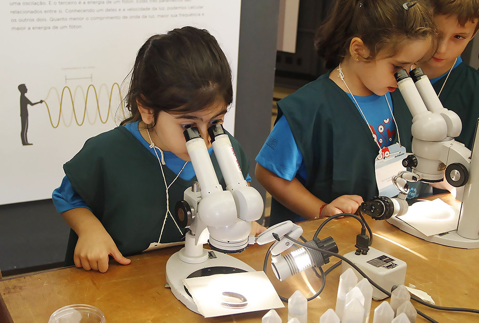 Participantes do Férias no Museu participam de oficina com microscópio Participantes do Férias no Museu observam microscópio durante oficina