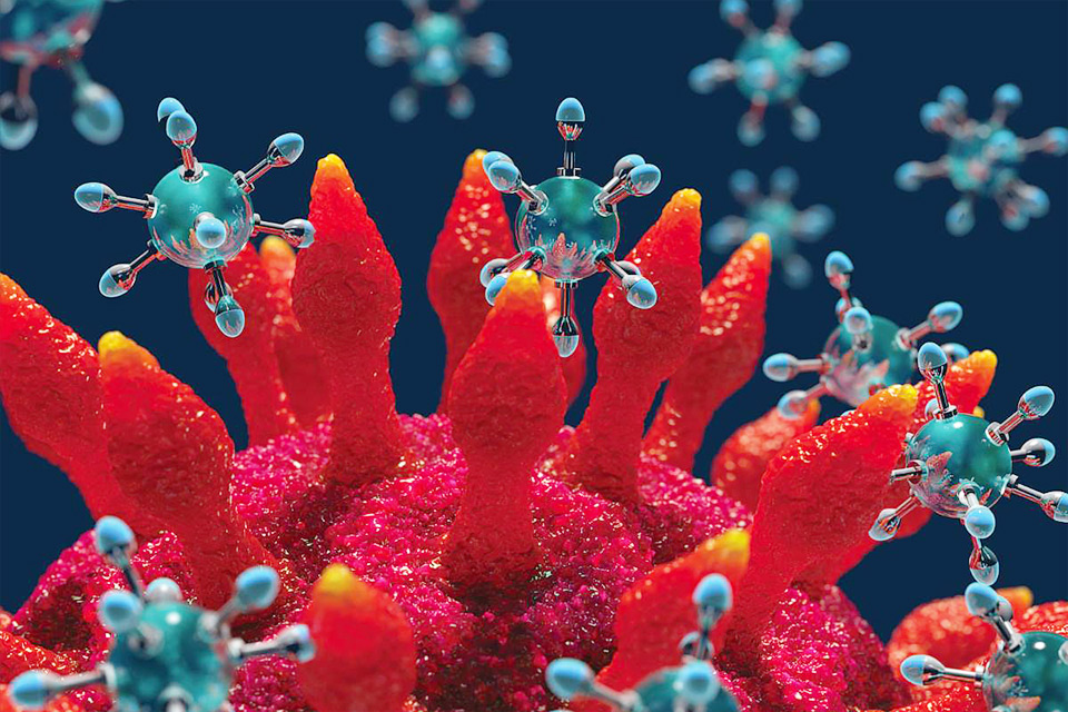 Concepção artística mostra nanorrobôs atacando um vírus (em vermelho)