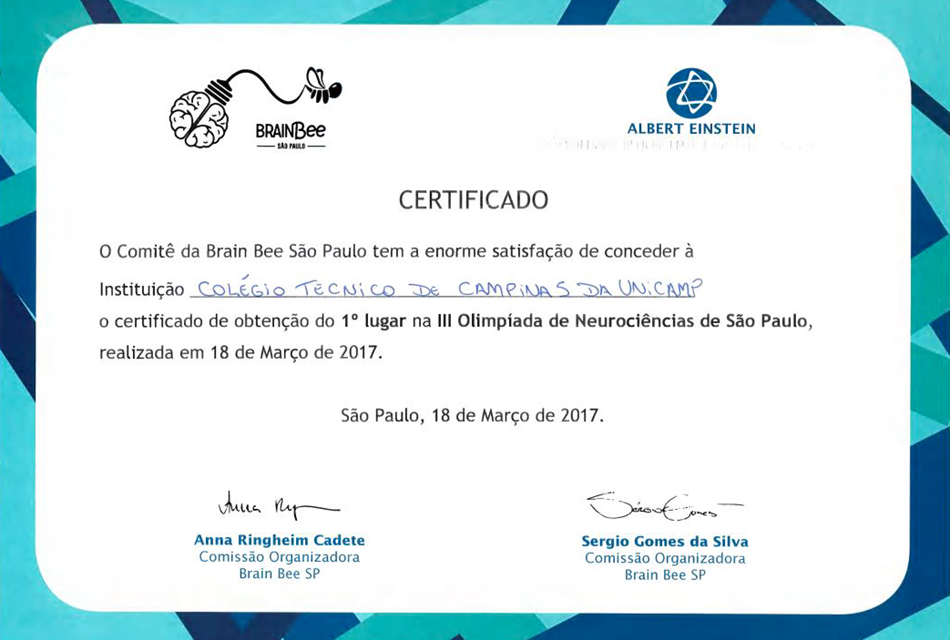 Certificado do Cotuca de 1º lugar na III Olimpíada de Neurociências de São Paulo