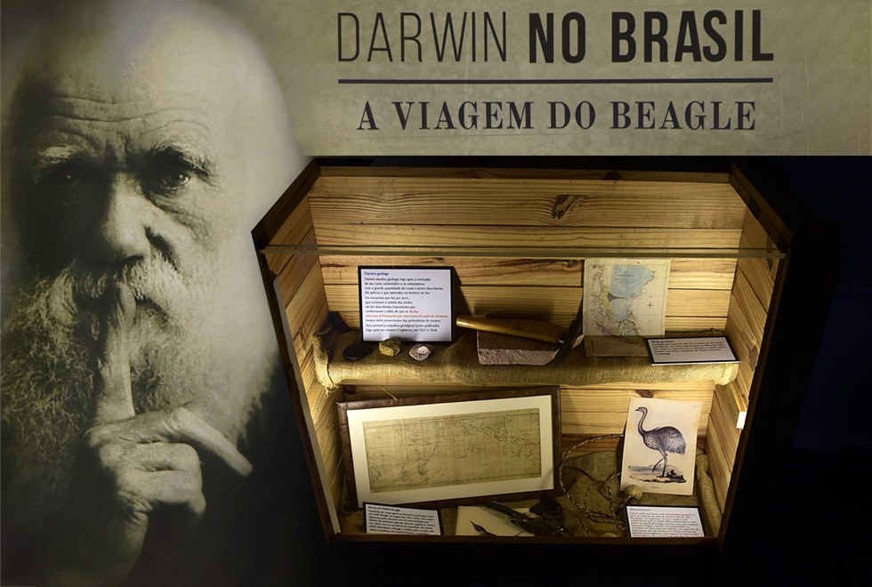 Foto montagem que mostra uma das caixas da exposição e detalhes do cartaz. O rosto de Darquin está em destaque e ao lado o título da exposição