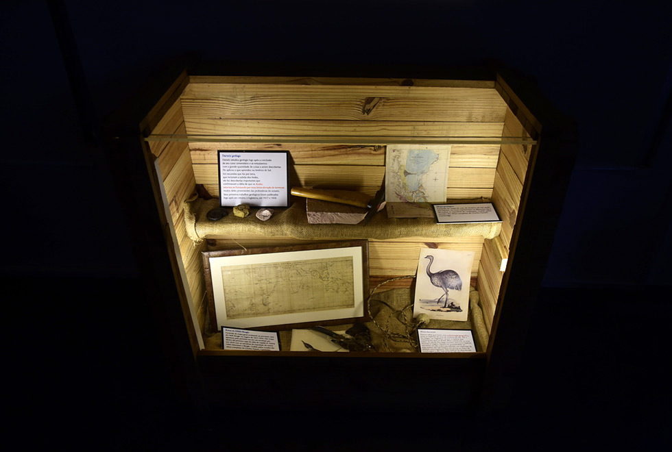 Mais um caixote iluminado mostra mapas e fotos de aves