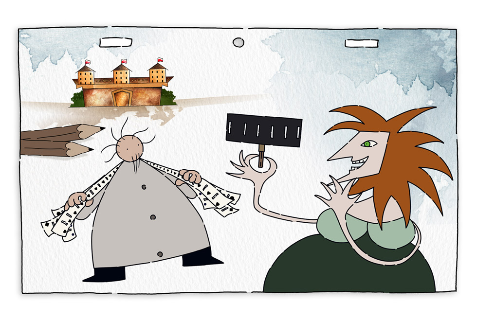 Personagens Dr. K encontra personagem em uma das cenas do filme, ao fundo um castelo