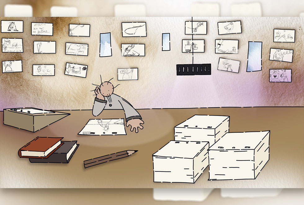 Dr. K e seus desafios Personagem dr K numa mesa com lápis e montanhas de papel