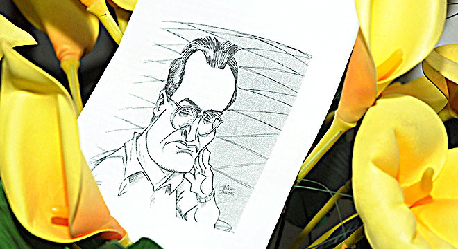Eustáquio Gomes, em desenho de Bira Dantas, entre flores amarelas