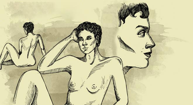 Desenhos dos alunos a partir do modelo vivo Desenho de três mulheres, uma ao lado da outra. A primeira está sentada de costas, a segunda está de frente e a terceira apenas o perfil do rosto. Foram feitos pelos alunos de Arquitetura e Urbanismo.