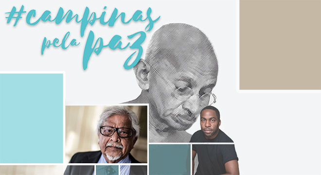 Gandhi, o ativista da paz, Arun Manilal Gandhi, seu neto e Lázaro Ramos Gandhi, o ativista da paz, Arun Manilal Gandhi, seu neto e Lázaro Ramos