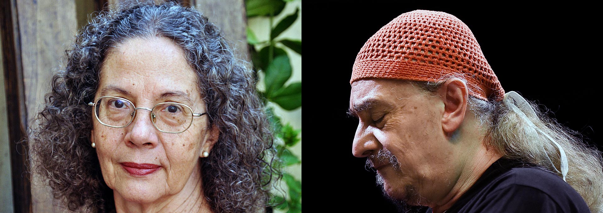 Egberto Gismonti e Marisa Rezende | Fotos: Divulgação Audiodescrição: em montagem com duas fotos separadas, à direita, em perfil, imagem close up, homem com os olhos fechados e expressão serena, sendo que ele usa uma touca de lã vermelha com tramas, e camisa preta. À esquerda, mulher, em imagem frontal e close-up, sendo que ela olha sereno para a câmara. Ao fundo há uma área com vegetação. Ela usa óculos. Imagem 1 de 1.