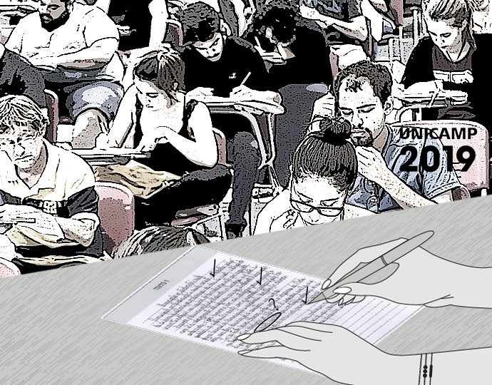 Montagem com foto do Vestibular Unicamp e correção de prova. Arte: Luís Paulo Silva e Rosi Curti Montagem com foto do Vestibular Unicamp e correção de prova. Arte: Luís Paulo Silva e Rosi Curti
