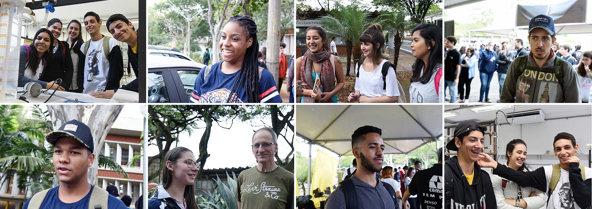 Visitantes da UPA 2018 Audiodescrição: Montagem com oito fotos coloridas retangulares sendo quatro acima e quatro abaixo. As imagens trazem jovens, em sua maioria sorrindo, em fotos frontais, em pé, sendo que alguns aparecem sozinhos e outros em grupos. Imagem 1 de 1.