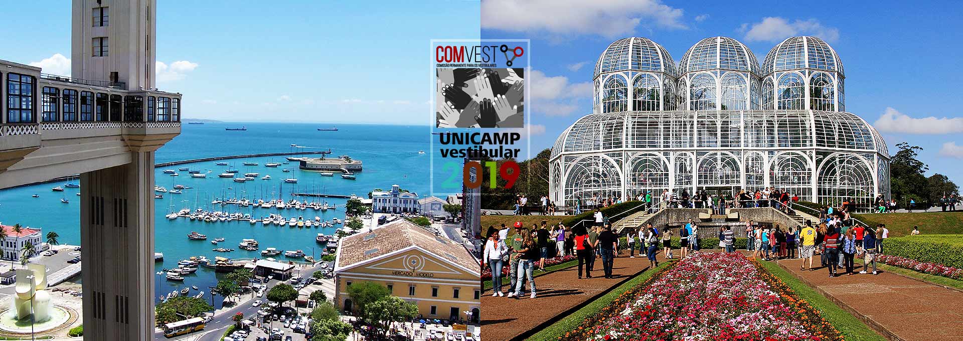 Salvador e Curitiba voltam a aplicar provas do Vestibular Unicamp | Fotos: Wikimedia Commons Audiodescrição: Montagem com duas fotos sendo uma à esquerda, que mostra, em vista panorâmica, o mar e pequenos barcos, ao fundo, enquanto que em primeiro plano há uma edificação, o Elevador Lacerda, na Bahia, uma estrutura com um torre e um extenso corredor de acesso a ela. A foto da direita mostra uma amplo parque com jardins floridos, em primeiro plano, sendo visitado por inúmeras pessoas, e ao fundo uma grande estrutura de metal pintada de branco, com vidro, alta, com três torres côncavas. Imagem 1 de 1